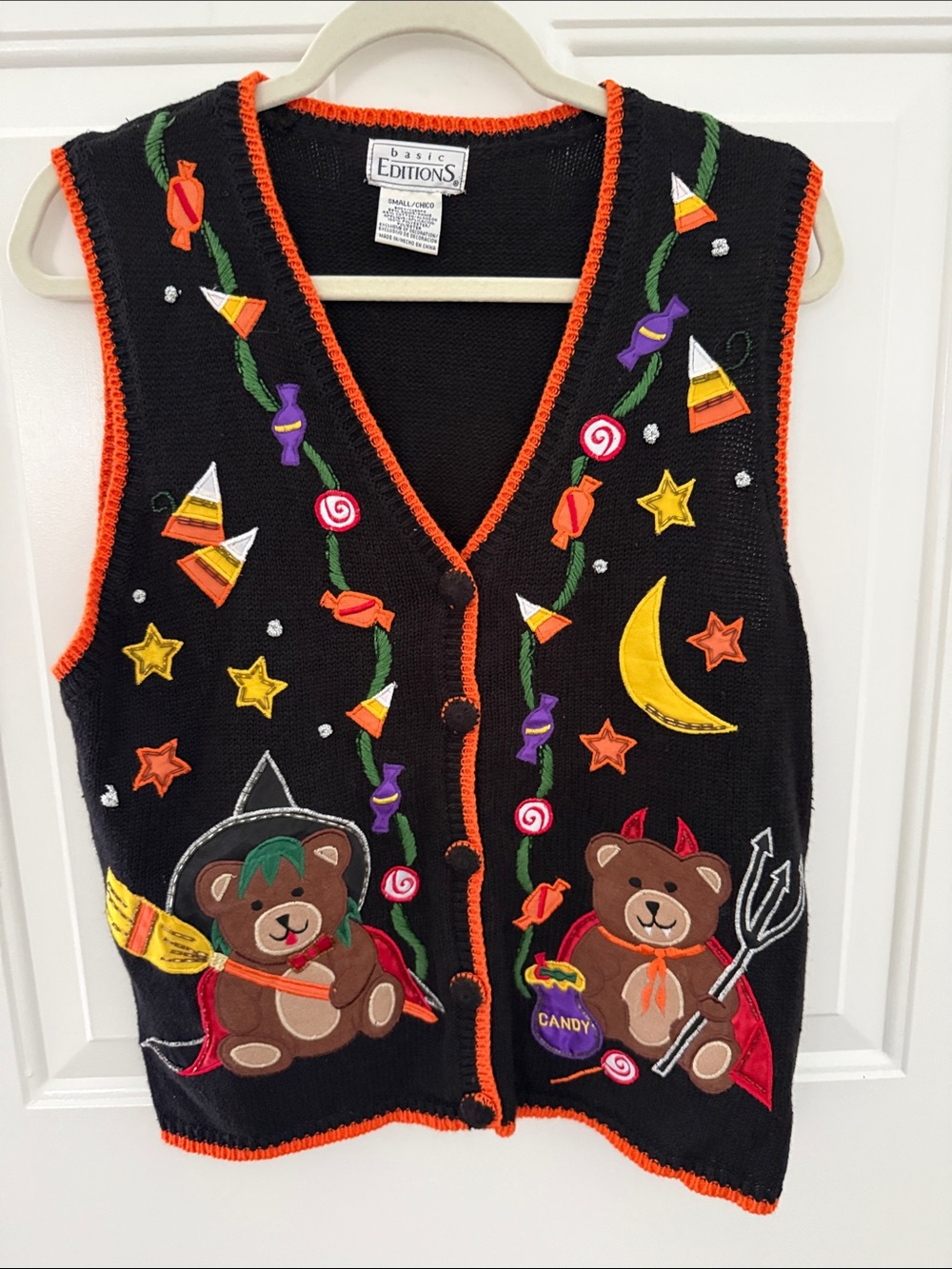 Basic Editions Whimsical Halloween Bear Candy Sweater Vest - Size Small